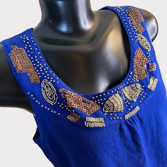 Cable & Gauge VINTAGE Womens L Sleeveless Knit Top Beaded Neckline Royal Blue - Picture 2 of 7